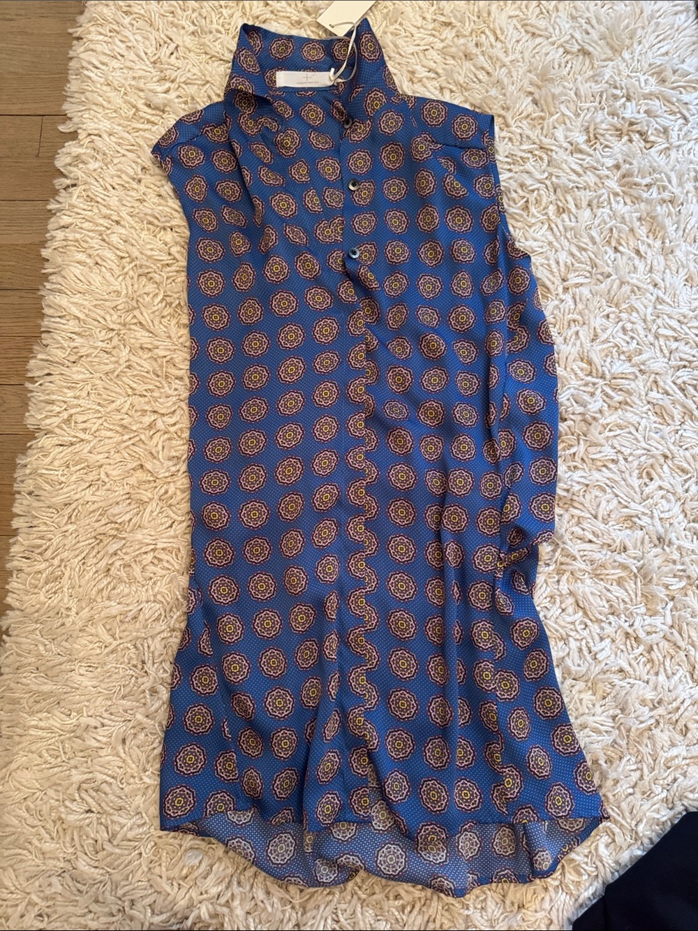 Thakoon Blue Sleeveless Mini Dress with Gold & Pink Medallion Print